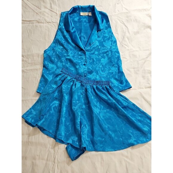 Vintage Victoria's Secret Blue Satin Pajama Lounge Shorts Vest Top size L - Picture 1 of 7